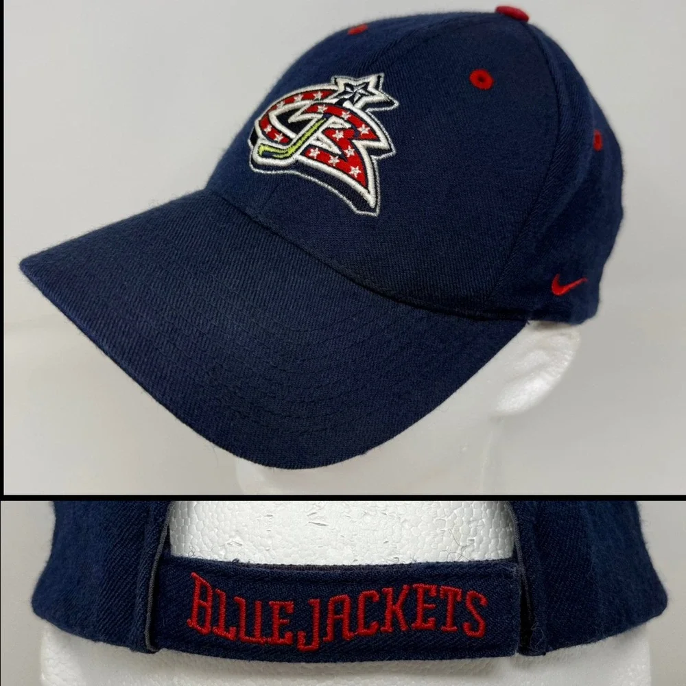 Vintage Nike Team Columbus Blue Jackets NHL Wool Hat Navy Blue Red Strapback